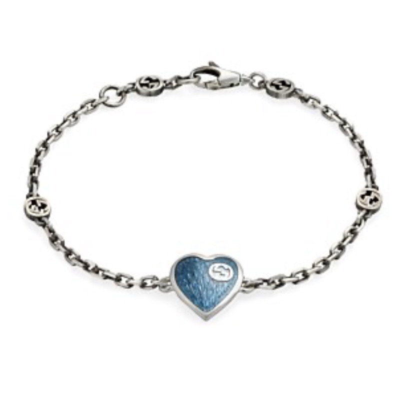 Gucci Interlocking G Gg 925 Silver Heart Charm Pendant Enamel Bracelet Like New